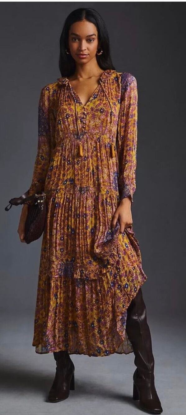 Anthropologie The Marais Printed Chiffon Tiered Maxi Dress, Medium Petite